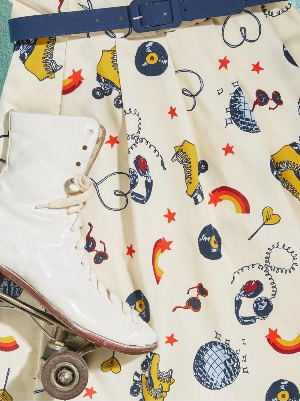 ModCloth White Sleeveless Fit-and-Flare Dress with Navy, Yellow and Red Motif - Picture 2 of 8